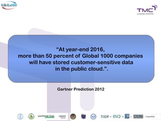 “At year-end 2016,
more than 50 percent of Global 1000 companies
   will have stored customer-sensitive data
              in the public cloud.”.


              Gartner Prediction 2012
 