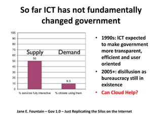So far ICT has not fundamentally
        changed government
                                                • 1990s: lCT expected
                                                  to make government
                                                  more transparent,
                                                  efficient and user
                                                  oriented
                                                • 2005+: disillusion as
                                                  bureaucracy still in
                                                  existence
                                                • Can Cloud Help?


Jane E. Fountain – Gov 1.0 – Just Replicating the Silos on the Internet
 