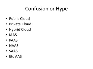 Confusion or Hype
•   Public Cloud
•   Private Cloud
•   Hybrid Cloud
•   IAAS
•   PAAS
•   NAAS
•   SAAS
•   Etc AAS
 