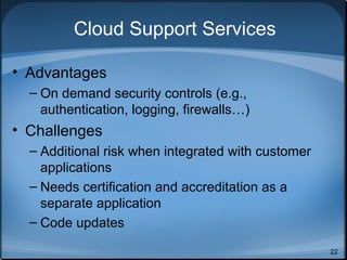 ID, Access Mgt
• Determine how provider
handles:
• Provisioning, deprovisioning
• Authentication
• Federation
• Authorization, user profile mgt
22
 