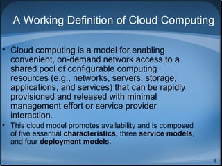 Security Pitfalls
• How cloud services are
provided confused with where
they are provided
• Well demarcated network
security border is not fixed
• Cloud computing implies loss of
control
6
 