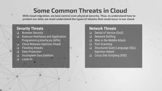 Security Threats
 Browser Security
 Insecure Interfaces and Application
Programming Interfaces (APIs)
 Cloud Malware Injection Attack
 Flooding Attacks
 Data Protection
 Incomplete Data Deletion
 Locks In
Some Common Threats in Cloud
With cloud migration, we lose control over physical security. Thus, to understand how to
protect our data, we must understand the types of attacks that could occur in our cloud.
Network Threats
 Denial of Service (DoS)
 Network Sniffing
 Man in the Middle Attack
 Port Scanning
 Structured Query Language (SQL)
Injection Attack
 Cross Site Scripting (XSS)
 
