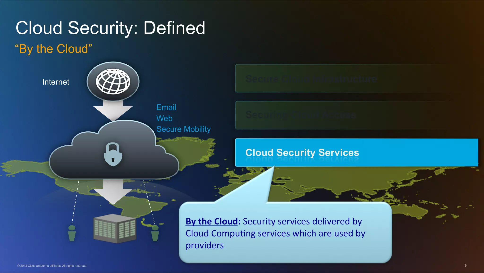 © 2012 Cisco and/or its affiliates. All rights reserved. 9
Cloud Security: Defined
“By the Cloud”
Secure Cloud Infrastructure
Cloud Security Services
Internet
Email
Web
Secure Mobility
By#the#Cloud:#Security)services)delivered)by)
Cloud)Compu3ng)services)which)are)used)by)
providers)
Securing Cloud Access
Secure Cloud Infrastructure
 