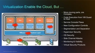 © 2012 Cisco and/or its affiliates. All rights reserved. 11
•  More moving parts, ore
Complex,
•  Code Execution from VM Guest
to Host
•  Service Console Flaws
•  New Configuration Controls
•  Segmentation and Separation
•  Hypervisor Security
•  OS Security
•  Side Channel Attacks
•  Monitoring & Visibility
•  Virtual Security Products
 