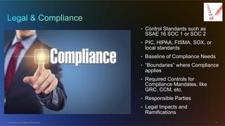 © 2012 Cisco and/or its affiliates. All rights reserved. 16
•  Control Standards such as
SSAE 16 SOC 1 or SOC 2
•  PIC, HIPAA, FISMA, SOX, or
local standards
•  Baseline of Compliance Needs
•  “Boundaries” where Compliance
applies
•  Required Controls for
Compliance Mandates, like
GRC, CCM, etc.
•  Responsible Parties
•  Legal Impacts and
Ramifications
 