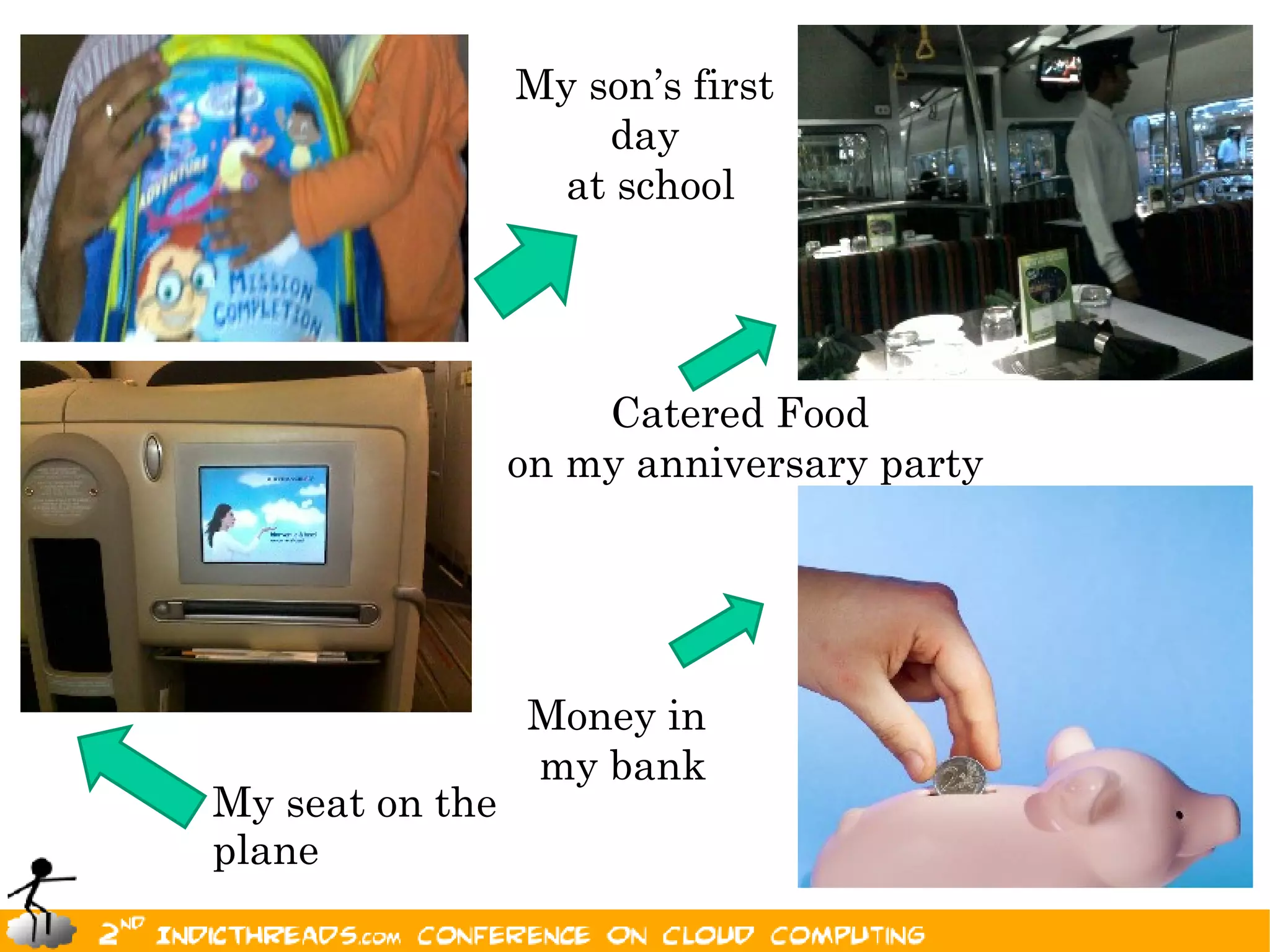 My son’s first
                     day
                   at school




                     Catered Food
                 on my anniversary party




                 Money in
                 my bank
My seat on the
plane                                      2
 