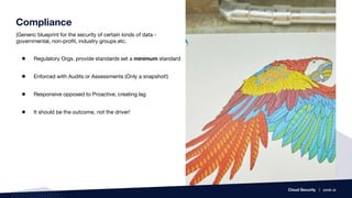 (Generic blueprint for the security of certain kinds of data -
governmental, non-profit, industry groups etc.
Compliance
● Regulatory Orgs. provide standards set a minimum standard
● Enforced with Audits or Assessments (Only a snapshot!)
● Responsive opposed to Proactive, creating lag
● It should be the outcome, not the driver!
Cloud Security | peak.ai
 