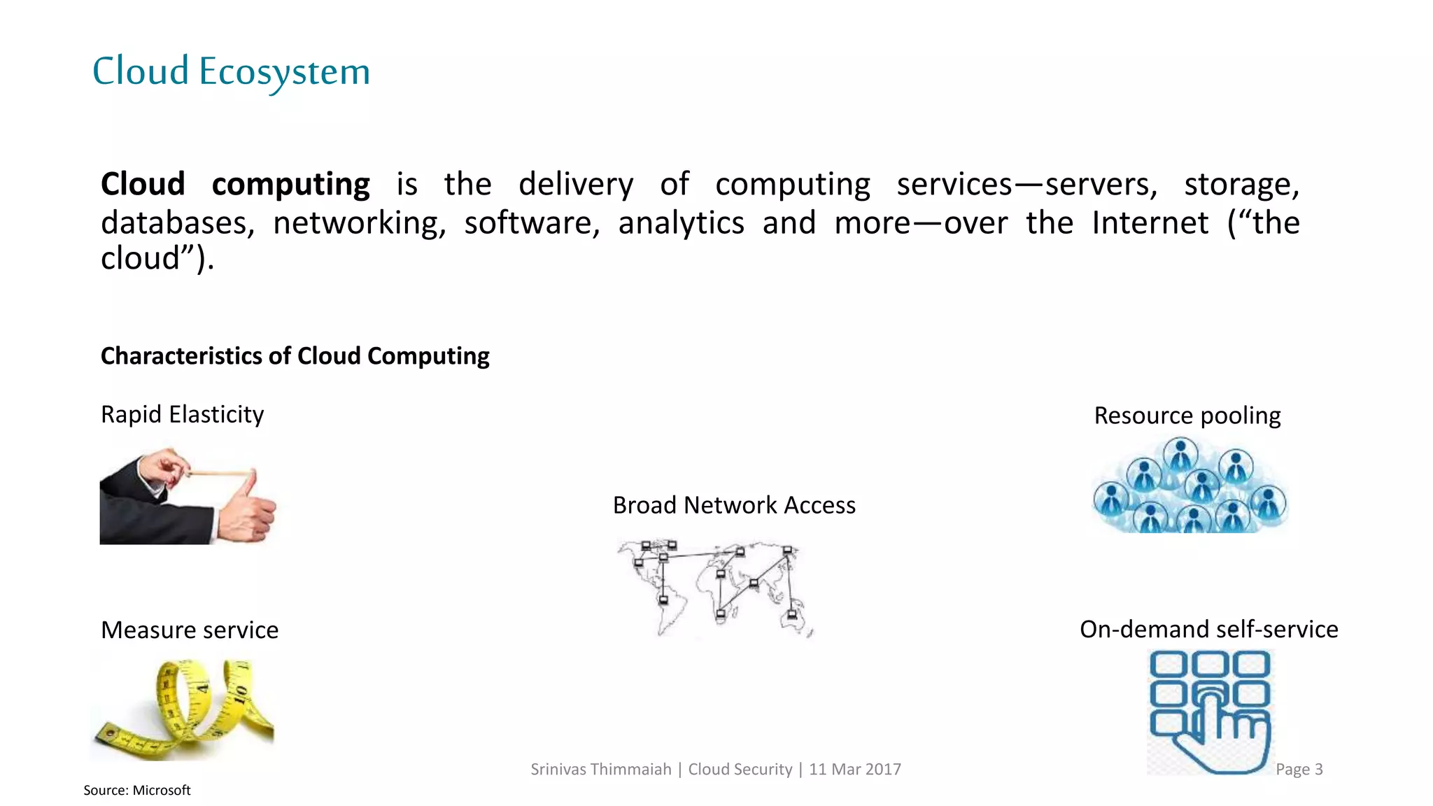 Agenda
 Cloud Ecosystem
 Whatis Cloud computing
 Cloudservices
 Deploymentmodels
 Cloud adoption trends 2017
 Cloud Risks
 Conclusion
Srinivas Thimmaiah | Cloud Security | 11 Mar 2017 Page 3
 