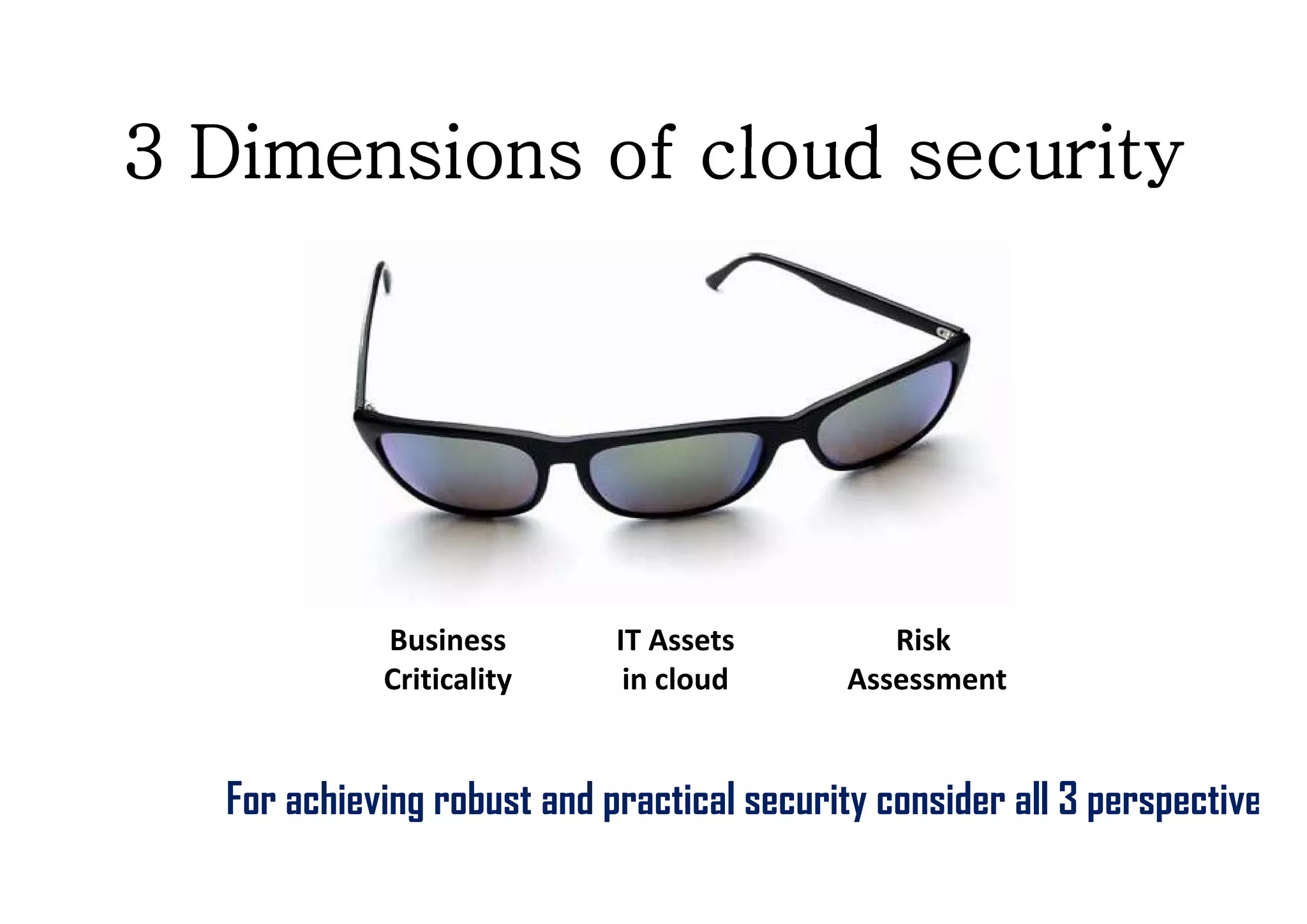 3 Dimensions of cloud security




            Business        IT Assets         Risk 
            Criticality 
            C iti lit        in cloud
                             i l d         Assessment
                                           A        t


  For achieving robust and practical security consider all 3 perspective
 