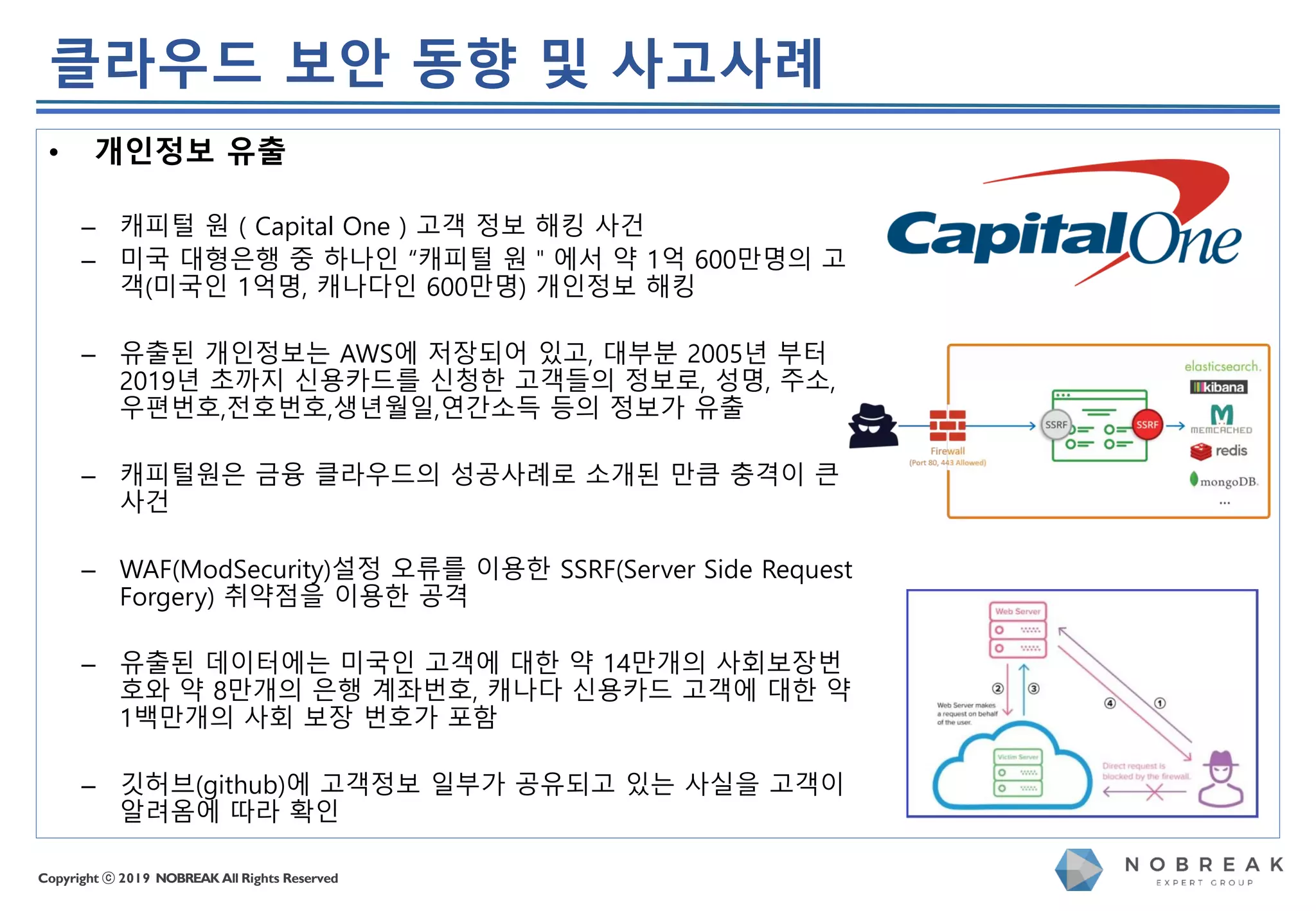 Copyright ⓒ 2019 NOBREAK All Rights Reserved
• 개인정보 유출
– 캐피털 원 ( Capital One ) 고객 정보 해킹 사건
– 미국 대형은행 중 하나인 “캐피털 원＂에서 약 1억 600만명의 고
객(미국인 1억명, 캐나다인 600만명) 개인정보 해킹
– 유출된 개인정보는 AWS에 저장되어 있고, 대부분 2005년 부터
2019년 초까지 신용카드를 신청한 고객들의 정보로, 성명, 주소,
우편번호,전호번호,생년월일,연간소득 등의 정보가 유출
– 캐피털원은 금융 클라우드의 성공사례로 소개된 만큼 충격이 큰
사건
– WAF(ModSecurity)설정 오류를 이용한 SSRF(Server Side Request
Forgery) 취약점을 이용한 공격
– 유출된 데이터에는 미국인 고객에 대한 약 14만개의 사회보장번
호와 약 8만개의 은행 계좌번호, 캐나다 신용카드 고객에 대한 약
1백만개의 사회 보장 번호가 포함
– 깃허브(github)에 고객정보 일부가 공유되고 있는 사실을 고객이
알려옴에 따라 확인
클라우드 보안 동향 및 사고사례
 