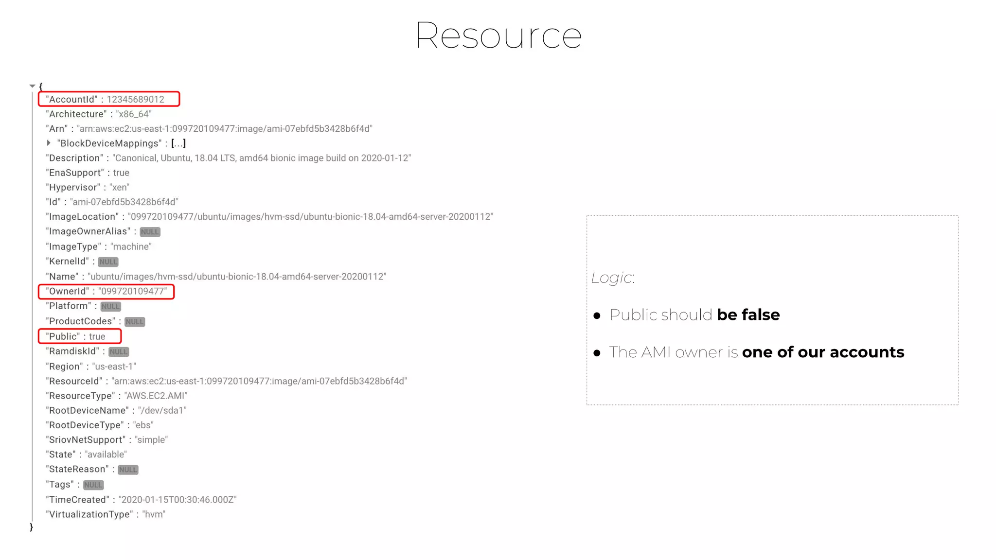 Resource
Logic:
● Public should be false
● The AMI owner is one of our accounts
 
