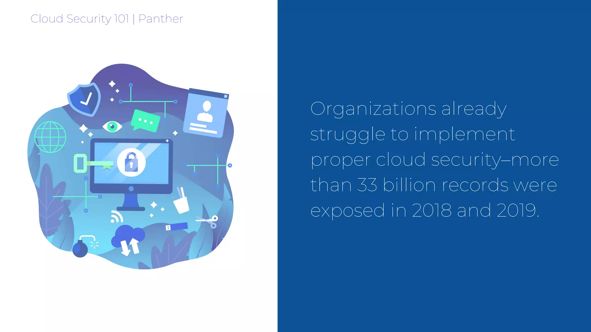 Cloud Security 101 | Panther
Organizations already
struggle to implement
proper cloud security–more
than 33 billion records were
exposed in 2018 and 2019.
 