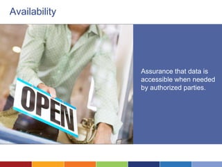 Availability




               Assurance that data is
               accessible when needed
               by authorized parties.
 