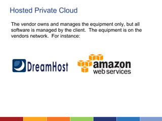 Hosted Private Cloud
The vendor owns and manages the equipment only, but all
software is managed by the client. The equipment is on the
vendors network. For instance:
 