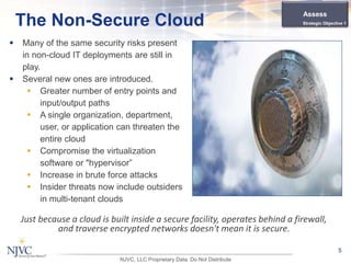  Many of the same security risks present
in non-cloud IT deployments are still in
play.
 Several new ones are introduced.
 Greater number of entry points and
input/output paths
 A single organization, department,
user, or application can threaten the
entire cloud
 Compromise the virtualization
software or "hypervisor”
 Increase in brute force attacks
 Insider threats now include outsiders
in multi-tenant clouds
5
The Non-Secure Cloud
Just because a cloud is built inside a secure facility, operates behind a firewall,
and traverse encrypted networks doesn't mean it is secure.
Assess
Strategic Objective 1
NJVC, LLC Proprietary Data. Do Not Distribute
 