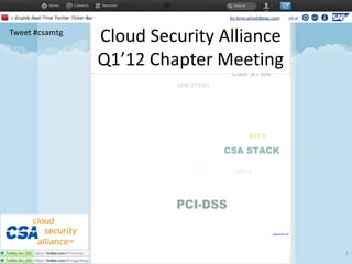 Tweet #csamtg
                Cloud Security Alliance
                Q1’12 Chapter Meeting




                                          1
 