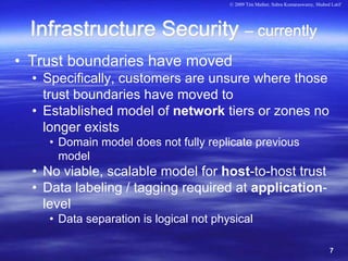 © 2009 Tim Mather, Subra Kumaraswamy, Shahed Latif




  Infrastructure Security – currently
• Trust boundaries have moved
  • Specifically, customers are unsure where those
    trust boundaries have moved to
  • Established model of network tiers or zones no
    longer exists
    • Domain model does not fully replicate previous
      model
  • No viable, scalable model for host-to-host trust
  • Data labeling / tagging required at application-
    level
    • Data separation is logical not physical

                                                                                    7
 