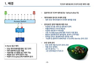 1. 배경                                           TCP/IP 네트워크의 구조적 보안 제약 사항




                              • 일반적으로 TCPIP 네트워크는 “default allow”임

                              • 게이트웨어 방식의 트래픽 유발
                               – 내부 보안 게이트웨이가 트래픽 병목을 유발

                              • 관리(보안 정책 적용)에 대한 이슈
                               – 다양한 이기종 서버 및 네트워크 장비
                               – 어플리케이션 구조의 복잡성
                               – 다양한 네트워크 프로토콜
                               – 기존 시스템(Legacy)에 대한 지속적 지원 필요
                               – 협업의 일반화(외부 협력업체, 원격지 근무자등)
                               – 모바일 오피스 홖경에 따른 외부망 사용
                               – 가상화 및 클라우드화에 따른 기기(서버) Identity 관리 곤란

                              • 보안 정책 관리
                               – 보안 정책 적용 및 유지 관리 곤란
In-Band 접근 제어
                               – 적용 보안 정책의
•   단일 게이트웨이를 통해 접근 관리           승수적 증가(n n-1)
•   내부 방화벽과 같은 역할                n은 관리대상(기기)의 수
•   사용자별 시스템별 접근 제어 가능
•   세밀한 접근 정책 설정이 가능
•   비용이 throughput에 비례하여 증가


                                  -5-
 
