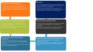 Understand the Cloud Environment
•Identify all the assets in the cloud environment,
including servers, storage, and network resources.
•This can be done by reviewing the cloud provider's
management console or using automated tools to discover
assets.
Documentation and Compliance Certifications
•Review the cloud provider's documentation and
compliance certifications to understand the security
controls they have in place.
•This includes understanding the shared responsibility
model for security in the cloud.
Evaluate the security of the network
architecture
•Review the architecture of the cloud environment,
including the network design, access controls, VPNs,
Firewall.
•This can include reviewing network topology, firewall
rules, and VPN configurations.
Review the security of the servers and storage
•Includes reviewing patching and vulnerability
management process.
•This can include reviewing server configurations, patch
management processes, and vulnerability scanning
results.
Discussion Round with the Team
•Summarize the overall findings of the review, including
any significant vulnerabilities or risks that were
identified.
•Discuss the priority of the issues and recommend the
most critical vulnerabilities to be addressed first
Reporting
•Provide detailed information about any specific issues
that were identified, including the potential impact and
likelihood of them being exploited.
•Provide clear and actionable recommendations for
addressing the identified issues, including any necessary
steps to mitigate or eliminate the vulnerabilities.
 