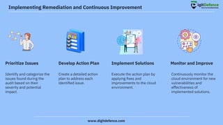 Identify and categorize the
issues found during the
audit based on their
severity and potential
impact.
Implementing Remediation and Continuous Improvement
Execute the action plan by
applying ﬁxes and
improvements to the cloud
environment.
Continuously monitor the
cloud environment for new
vulnerabilities and
eﬀectiveness of
implemented solutions.
Create a detailed action
plan to address each
identiﬁed issue.
Prioritize Issues Develop Action Plan Implement Solutions Monitor and Improve
www.digitdefence.com
 
