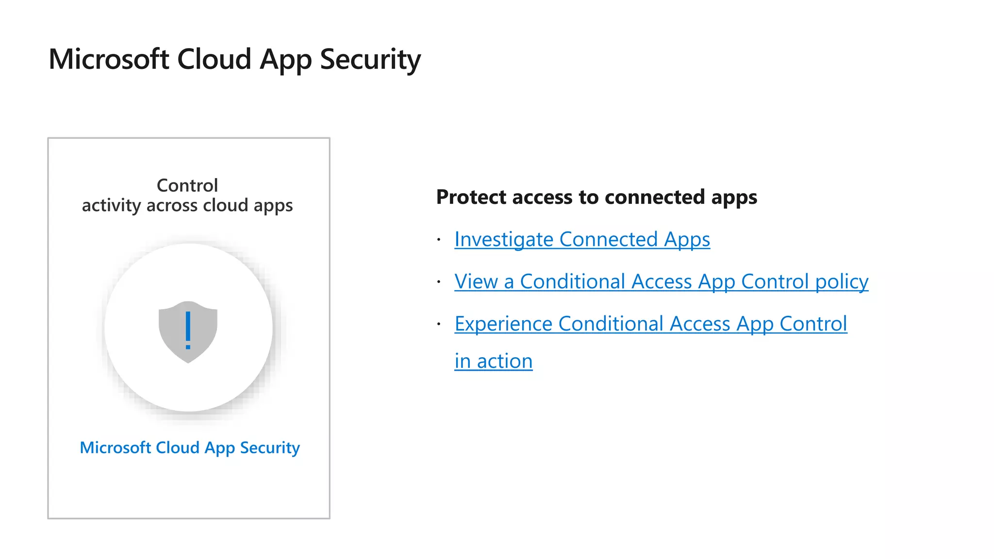 Protect access to connected apps
Investigate Connected Apps
View a Conditional Access App Control policy
Experience Conditional Access App Control
in action
Control
activity across cloud apps