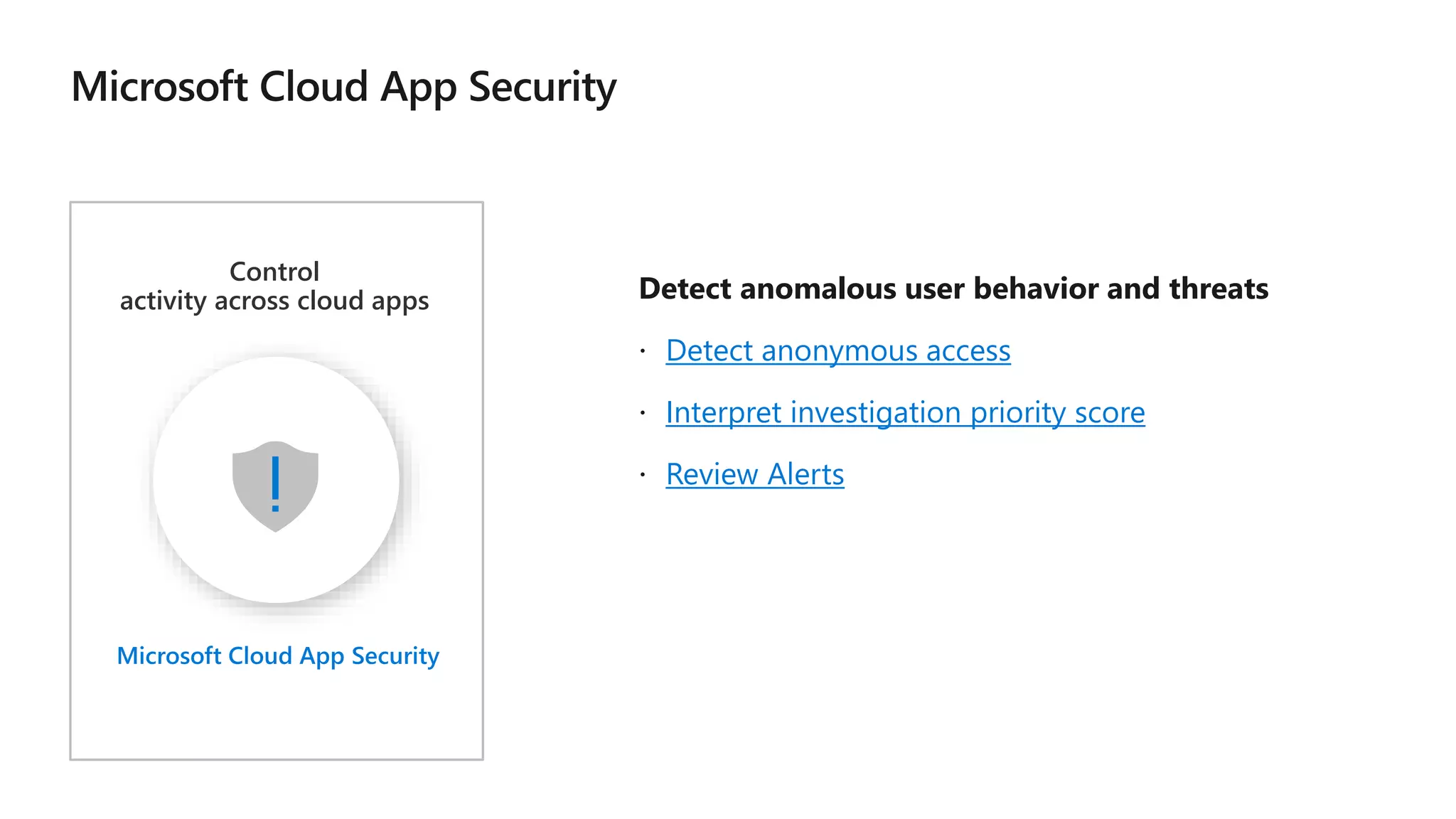 Detect anomalous user behavior and threats
Detect anonymous access
Interpret investigation priority score
Review Alerts
Control
activity across cloud apps