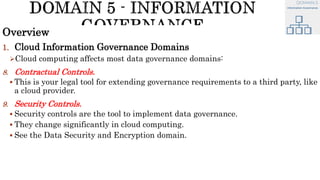 Overview
1. Cloud Information Governance Domains
Cloud computing affects most data governance domains:
8. Contractual Controls.
 This is your legal tool for extending governance requirements to a third party, like
a cloud provider.
9. Security Controls.
 Security controls are the tool to implement data governance.
 They change significantly in cloud computing.
 See the Data Security and Encryption domain.
 