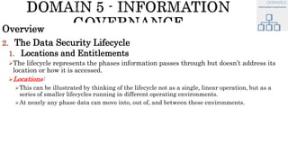 Overview
2. The Data Security Lifecycle
1. Locations and Entitlements
The lifecycle represents the phases information passes through but doesn’t address its
location or how it is accessed.
Locations:
This can be illustrated by thinking of the lifecycle not as a single, linear operation, but as a
series of smaller lifecycles running in different operating environments.
At nearly any phase data can move into, out of, and between these environments.
 