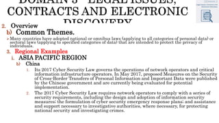 2. Overview
b) Common Themes.
Many countries have adopted national or omnibus laws (applying to all categories of personal data) or
sectoral laws (applying to specified categories of data) that are intended to protect the privacy of
individuals.
3. Regional Examples
i. ASIA PACIFIC REGION
b) China
1. Its 2017 Cyber Security Law governs the operations of network operators and critical
information infrastructure operators. In May 2017, proposed Measures on the Security
of Cross-Border Transfers of Personal Information and Important Data were published
by the Chinese government and are currently being evaluated for potential
implementation.
2. The 2017 Cyber Security Law requires network operators to comply with a series of
security requirements, including the design and adoption of information security
measures; the formulation of cyber security emergency response plans; and assistance
and support necessary to investigative authorities, where necessary, for protecting
national security and investigating crimes.
 