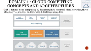 NIST defines cloud computing by describing five essential characteristics, three
cloud service models, and four cloud deployment models.
 