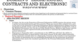2. Overview
b) Common Themes.
 Many countries have adopted national or omnibus laws (applying to all categories of personal data) or sectoral laws
(applying to specified categories of data) that are intended to protect the privacy of individuals.
3. Regional Examples
i. ASIA PACIFIC REGION
b) Japan
1. In Japan, the Act on the Protection of Personal Information (APPI) requires the private sector
to protect personal information and data securely. There are several other national laws, such
as the Law on the Protection of Personal Information Held by Administrative Organs and laws
pertaining to specific sectors, such as the healthcare industry. Profession-specific laws, such as
the Medical Practitioners’ Act; the Act on Public Health Nurses, Midwives and Nurses; and the
Pharmacist Act, require registered health professionals to maintain the confidentiality of
patient information.
2. Beginning in September 2017, amendments to the APPI law will limit the ability to
transfer personal data to third parties, with prior consent of the data subject generally
being required to transfer data to a third party. Consent to the transfer is not required if
the country of destination has an established framework for the protection of personal
information that meets the standard specified by the Personal Information Protection
Commission.
 