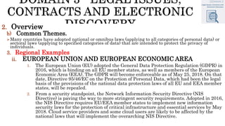 2. Overview
b) Common Themes.
Many countries have adopted national or omnibus laws (applying to all categories of personal data) or
sectoral laws (applying to specified categories of data) that are intended to protect the privacy of
individuals.
3. Regional Examples
ii. EUROPEAN UNION AND EUROPEAN ECONOMIC AREA
1. The European Union (EU) adopted the General Data Protection Regulation (GDPR) in
2016, which is binding on all EU member states, as well as members of the European
Economic Area (EEA). The GDPR will become enforceable as of May 25, 2018. On that
date, Directive 95/46/EC on the Protection of Personal Data, which had been the legal
basis of the provisions of the national data protection laws of all EU and EEA member
states, will be repealed.
2. From a security standpoint, the Network Information Security Directive (NIS
Directive) is paving the way to more stringent security requirements. Adopted in 2016,
the NIS Directive requires EU/EEA member states to implement new information
security laws for the protection of critical infrastructure and essential services by May
2018. Cloud service providers and some cloud users are likely to be affected by the
national laws that will implement the overarching NIS Directive.
 