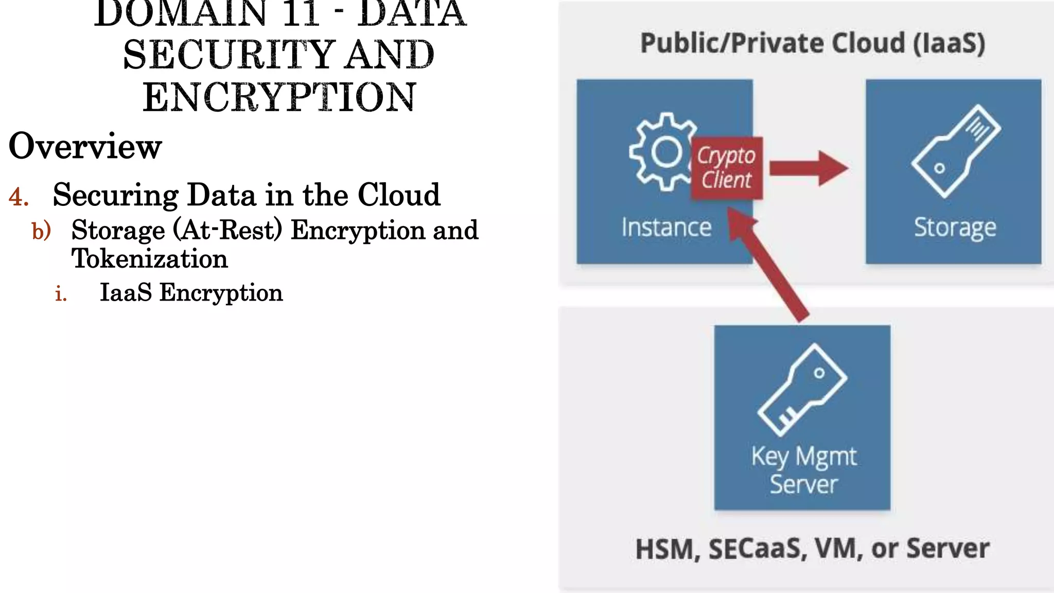 Overview
4. Securing Data in the Cloud
b) Storage (At-Rest) Encryption and
Tokenization
i. IaaS Encryption
 