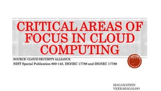 CRITICAL AREAS OF
FOCUS IN CLOUD
COMPUTING
SOURCE: CLOUD SECURITY ALLIANCE
NIST Special Publication 800-145, ISO/IEC 17788 and ISO/IEC 17789
MAGANATHIN
VEERARAGALOO
 