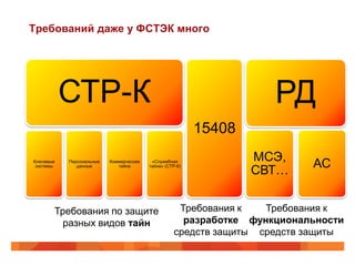 Требований даже у ФСТЭК много




           СТР-К                                                     РД
                                                          15408
                                                                  МСЭ,
Ключевые   Персональные   Коммерческая    «Служебная
                                                                           АС
                                                                  СВТ…
 системы      данные         тайна       тайна» (СТР-К)




       Требования по защите                          Требования к   Требования к
         разных видов тайн                            разработке функциональности
                                                    средств защиты средств защиты
 