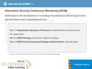 Webinar Series
Reference: NIST Special Publication 800-137 - Information Security Continuous Monitoring (ISCM)
Tier 1—Organization Business Processes Establish/define risk tolerance of
the organization
Tier 2—ISCM Strategy Create risk mitigation strategy
Tier 3—ISCM Cloud Computing Strategy Implementation Operationalize
Information Security Continuous Monitoring (ISCM)
ISCM begins with development of a strategy that addresses ISCM requirements
and activities at each organizational level
 
