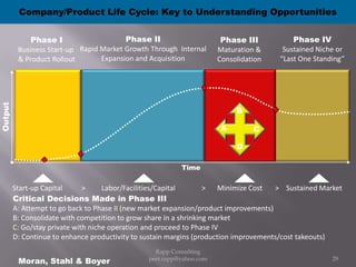 Company/Product Life Cycle: Key to Understanding OpportunitiesPhase IIRapid Market Growth Through  Internal Expansion and AcquisitionPhase IVSustained Niche or“Last One Standing”Phase IIIMaturation &ConsolidationPhase IBusiness Start-up & Product RolloutBOutputACDTimeStart-up Capital    	>	Labor/Facilities/Capital	>	Minimize Cost	>	Sustained MarketCritical Decisions Made in Phase IIIA: Attempt to go back to Phase II (new market expansion/product improvements)B: Consolidate with competition to grow share in a shrinking marketC: Go/stay private with niche operation and proceed to Phase IVD: Continue to enhance productivity to sustain margins (production improvements/cost takeouts)Moran, Stahl & Boyer29Rapp Consulting   peet.rapp@yahoo.com