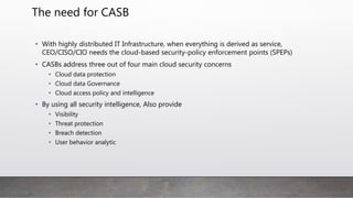 The need for CASB
• With highly distributed IT Infrastructure, when everything is derived as service,
CEO/CISO/CIO needs the cloud-based security-policy enforcement points (SPEPs)
• CASBs address three out of four main cloud security concerns
• Cloud data protection
• Cloud data Governance
• Cloud access policy and intelligence
• By using all security intelligence, Also provide
• Visibility
• Threat protection
• Breach detection
• User behavior analytic
 