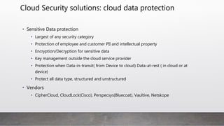 Cloud Security solutions: cloud data protection
• Sensitive Data protection
• Largest of any security category
• Protection of employee and customer PII and intellectual property
• Encryption/Decryption for sensitive data
• Key management outside the cloud service provider
• Protection when Data-in-transit( from Device to cloud) Data-at-rest ( in cloud or at
device)
• Protect all data type, structured and unstructured
• Vendors
• CipherCloud, CloudLock(Cisco), Perspecsys(Bluecoat), Vaultive, Netskope
 
