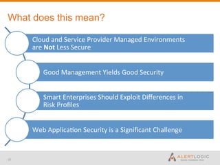 What does this mean?

     Cloud	
  and	
  Service	
  Provider	
  Managed	
  Environments	
  	
  
     are	
  Not	
  Less	
  Secure	
  


          Good	
  Management	
  Yields	
  Good	
  Security	
  


          Smart	
  Enterprises	
  Should	
  Exploit	
  Diﬀerences	
  in	
  	
  
          Risk	
  Proﬁles	
  


     Web	
  Applica-on	
  Security	
  is	
  a	
  Signiﬁcant	
  Challenge	
  


22
 