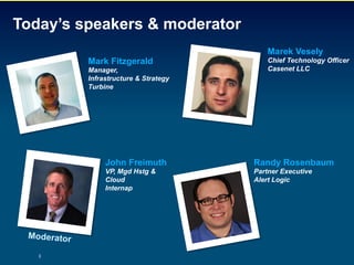 Today’s speakers & moderator
                                             Marek Vesely
             Mark Fitzgerald                 Chief Technology Officer
             Manager,                        Casenet LLC
             Infrastructure & Strategy
             Turbine




                  John Freimuth          Randy Rosenbaum
                  VP, Mgd Hstg &         Partner Executive
                  Cloud                  Alert Logic
                  Internap




 Moderator
                                                   #cloudsecurity
   3
 