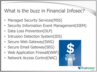 What is the buzz in Financial Infosec?
•   Managed Security Services(MSS)
•   Security Information Event Management(SIEM)
•   Data Loss Prevention(DLP)
•   Intrusion Detection System(IDS)
•   Secure Web Gateway(SWG)
•   Secure Email Gateway(SEG)
•   Web Application Firewall(WAF)
•   Network Access Control(NAC)


                                                  © 2012
 