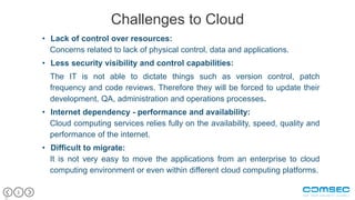 2
2
Challenges to Cloud
• Lack of control over resources:
Concerns related to lack of physical control, data and applications.
• Less security visibility and control capabilities:
The IT is not able to dictate things such as version control, patch
frequency and code reviews. Therefore they will be forced to update their
development, QA, administration and operations processes.
• Internet dependency - performance and availability:
Cloud computing services relies fully on the availability, speed, quality and
performance of the internet.
• Difficult to migrate:
It is not very easy to move the applications from an enterprise to cloud
computing environment or even within different cloud computing platforms.
 