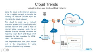 8
8
Cloud Trends
Using the cloud as a front-end DMZ network
Using the cloud as the internet gateway
of the corporate network to transfer the
handling of network attacks from the
internet to the cloud provider.
The cloud is used as a network
extension (the Front-End DMZ) of the on
premise network and used to host all
internet facing services, while the on
premise external network becomes the
mediating layer (Back-End DMZ) which
connects the two networks (by VPN /
Direct Line connection).
This implementation can also reduce
cost to the organization by using
managed cloud security services.
 