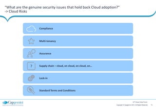 “What are the genuine security issues that hold back Cloud adoption?”
-> Cloud Risks



                    Compliance



                    Multi-tenancy



                    Assurance



               ?    Supply chain – cloud, on cloud, on cloud, on…



                    Lock-in



                    Standard Terms and Conditions



                                                                                            12th Cloud Circle Forum

                                                                    Copyright © Capgemini 2012. All Rights Reserved   13
 