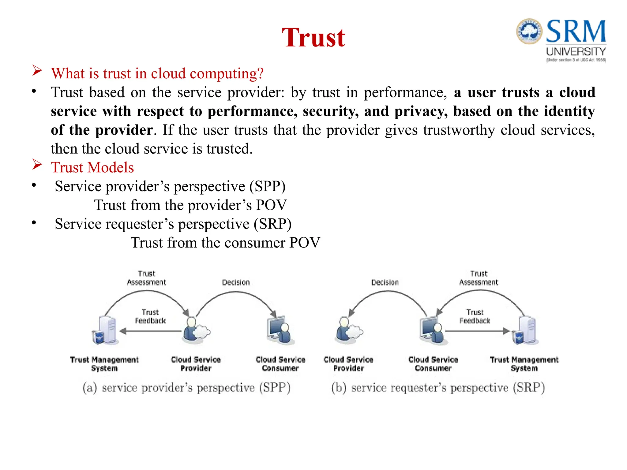Trust
 What is trust in cloud computing?
• Trust based on the service provider: by trust in performance, a user trusts a cloud
service with respect to performance, security, and privacy, based on the identity
of the provider. If the user trusts that the provider gives trustworthy cloud services,
then the cloud service is trusted.
 Trust Models
• Service provider’s perspective (SPP)
Trust from the provider’s POV
• Service requester’s perspective (SRP)
Trust from the consumer POV
 