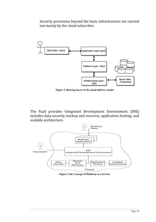 Security provisions beyond the basic infrastructure are carried
out mainly by the cloud subscriber.
Figure 1 Showing layers of the cloud delivery model
The PaaS provides Integrated Development Environment. (IDE)
includes data security, backup and recovery, application hosting, and
scalable architecture.
Figure 2 the Concept of Platform as a Service
Page 10
 