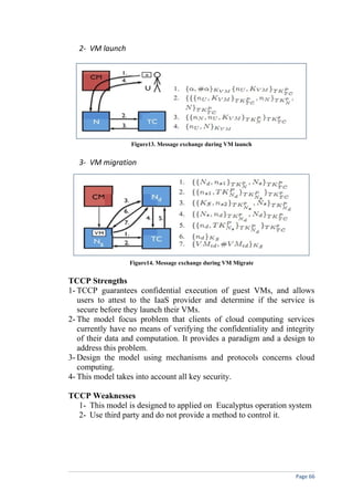 2- VM launch
Figure13. Message exchange during VM launch
3- VM migration
Figure14. Message exchange during VM Migrate
TCCP Strengths
1- TCCP guarantees confidential execution of guest VMs, and allows
users to attest to the IaaS provider and determine if the service is
secure before they launch their VMs.
2- The model focus problem that clients of cloud computing services
currently have no means of verifying the confidentiality and integrity
of their data and computation. It provides a paradigm and a design to
address this problem.
3- Design the model using mechanisms and protocols concerns cloud
computing.
4- This model takes into account all key security.
TCCP Weaknesses
1- This model is designed to applied on Eucalyptus operation system
2- Use third party and do not provide a method to control it.
Page 66
 