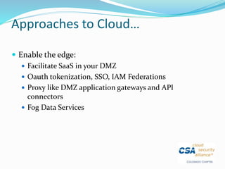 Approaches to Cloud…
 Enable the edge:
 Facilitate SaaS in your DMZ
 Oauth tokenization, SSO, IAM Federations
 Proxy like DMZ application gateways and API
connectors
 Fog Data Services
 