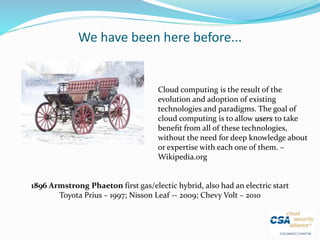 We have been here before...
1896 Armstrong Phaeton first gas/electic hybrid, also had an electric start
Toyota Prius – 1997; Nisson Leaf -- 2009; Chevy Volt – 2010
Cloud computing is the result of the
evolution and adoption of existing
technologies and paradigms. The goal of
cloud computing is to allow users to take
beneﬁt from all of these technologies,
without the need for deep knowledge about
or expertise with each one of them. –
Wikipedia.org
 